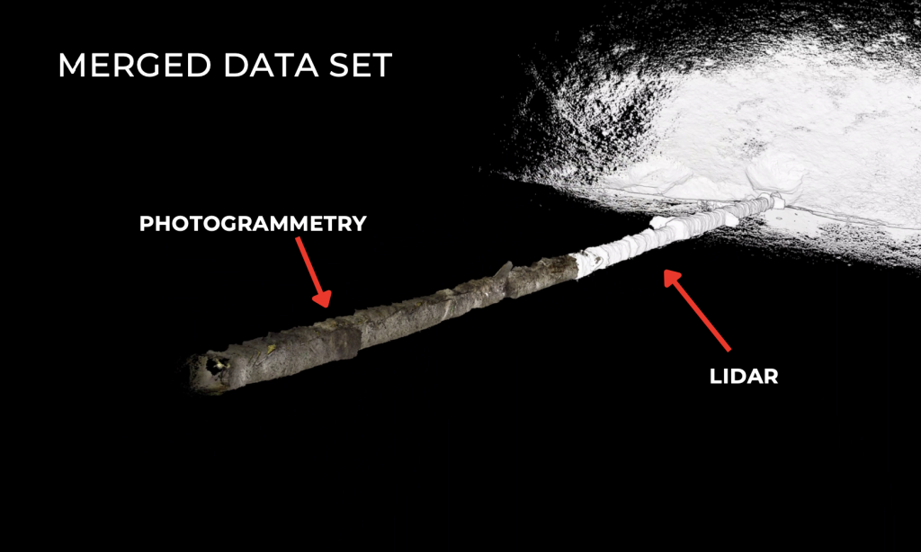 Merged data set showing photogrammetry and LiDAR point clouds converging on a narrow object