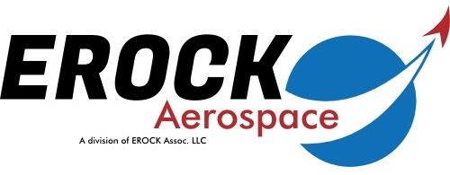 Erock Aerospace logo in black and red with blue swoosh graphic on a white background