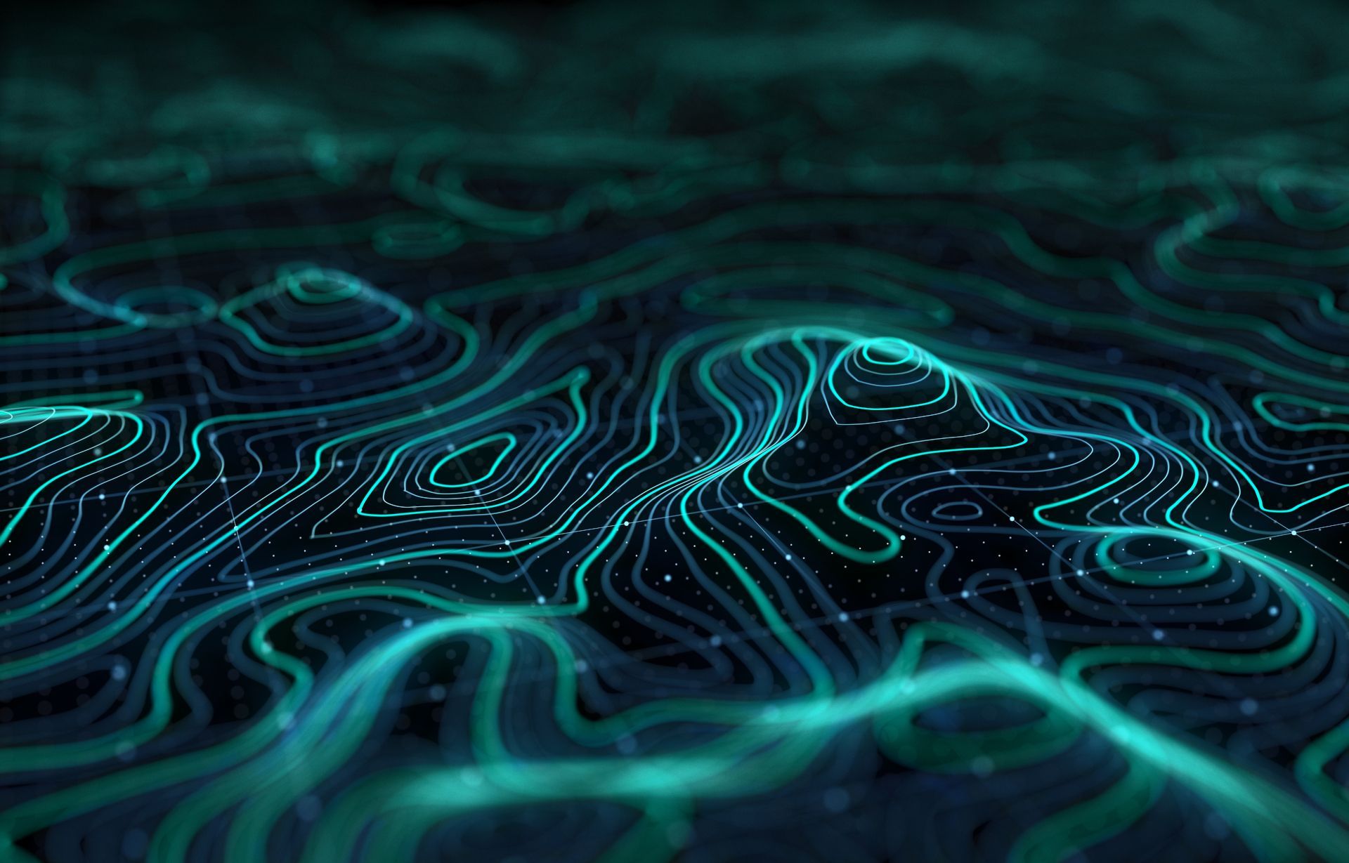 Abstract neon teal lines resembling a glowing digital topographic landscape on a dark background