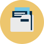 An icon of a folder with papers in it on a yellow background.