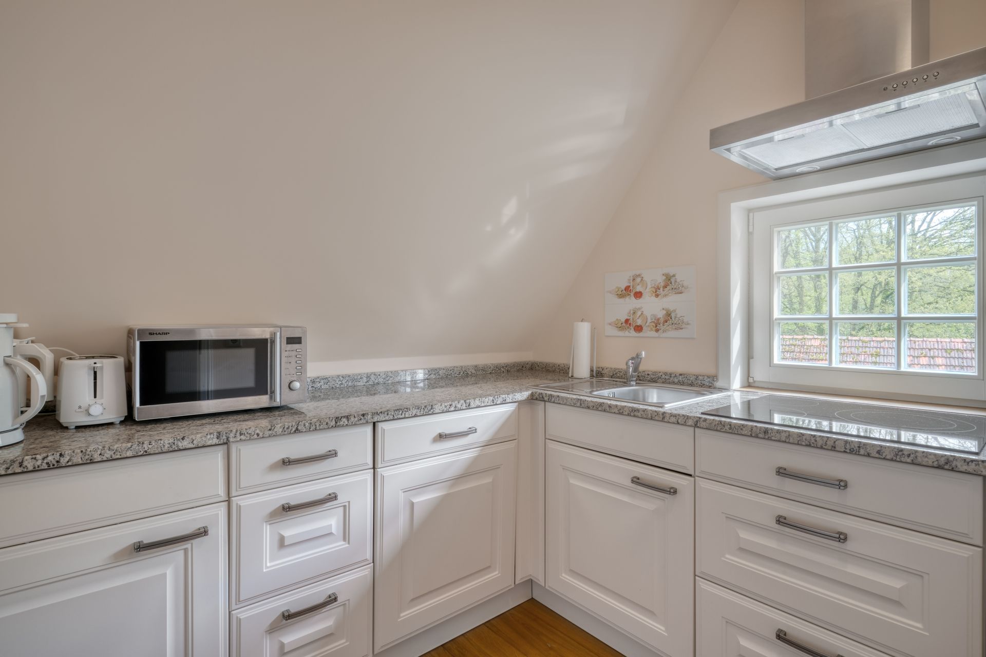 Een keuken met witte kasten, granieten aanrechtbladen, een magnetron en een raam.