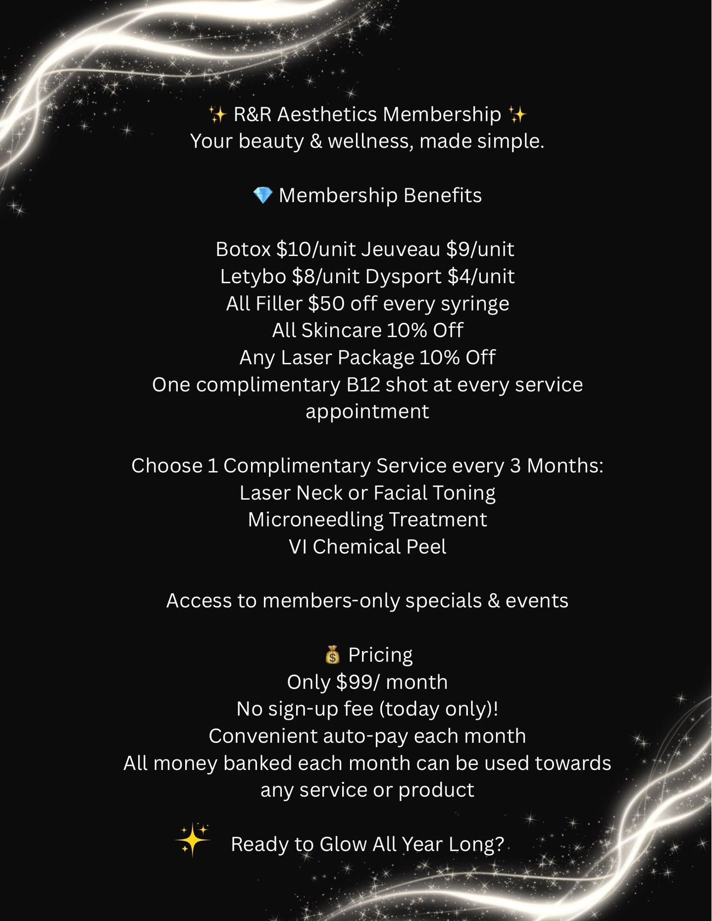 Black graphic with text about a beauty membership: Botox, fillers, laser, and other services for $50/month.