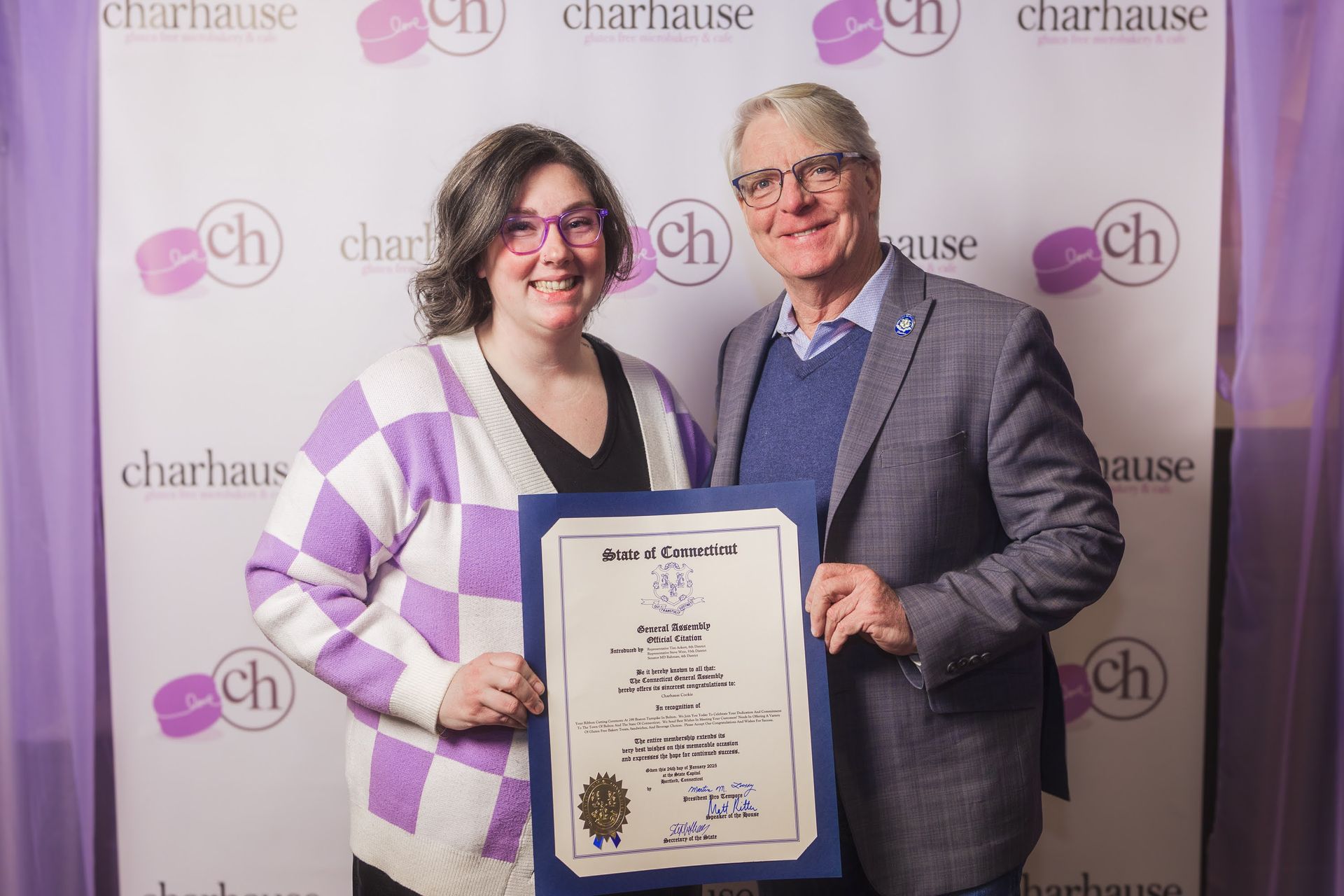 Charhause Bakery Owner, Kate Cofiell standing with Connecticut State Representative Tim Ackert