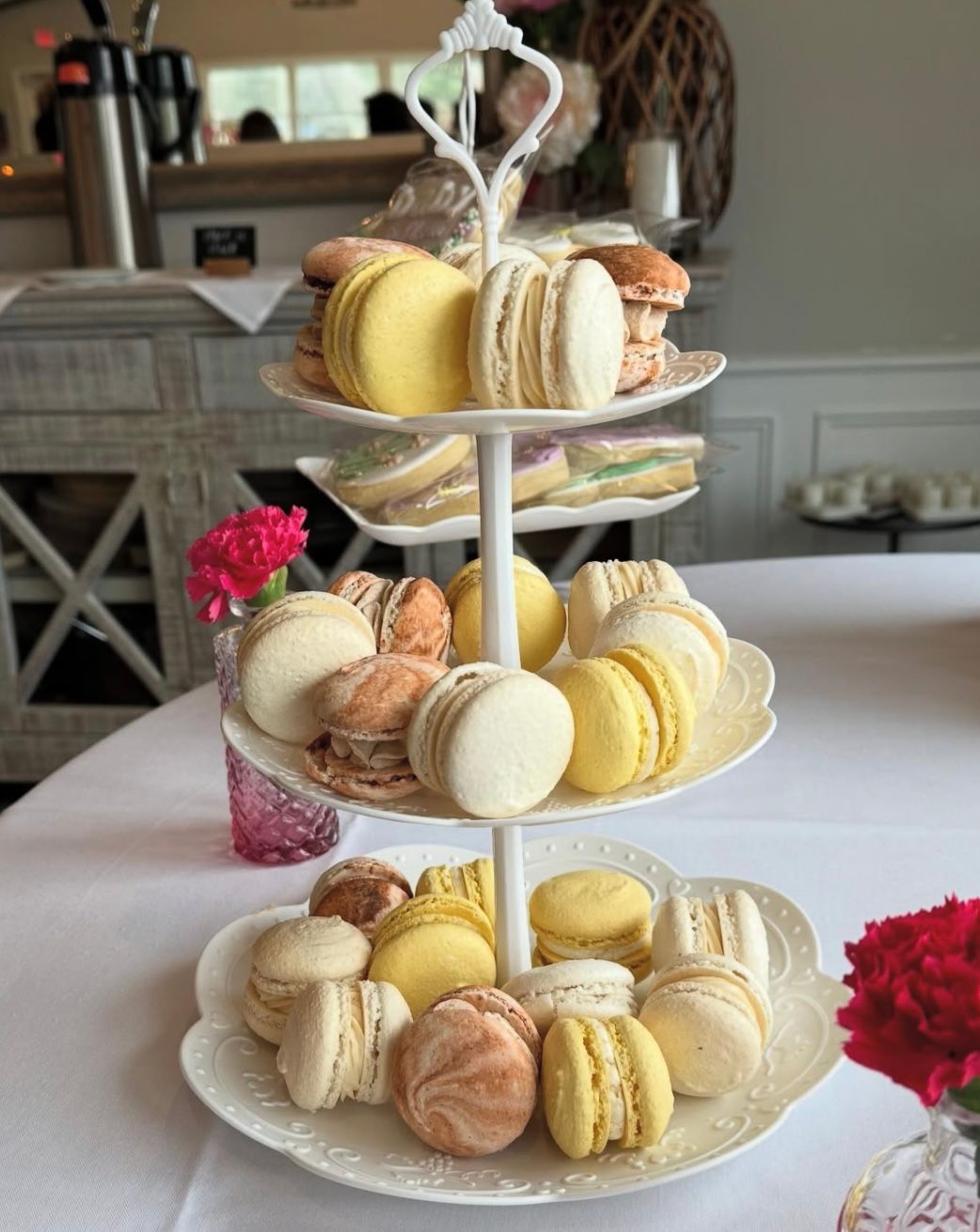macarons on stacked platter