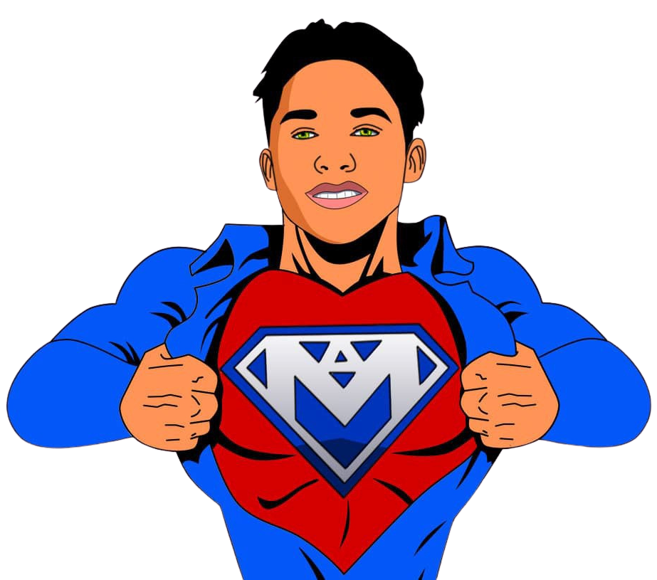 Cartoon hero in blue and red opening shirt to reveal a diamond emblem on his chest