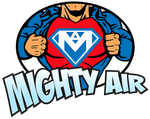 Mighty Air logo with a caped hero opening his shirt to reveal a diamond emblem