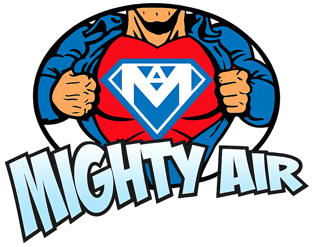 Mighty Air logo with a caped hero opening his shirt to reveal a diamond emblem