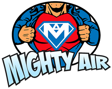 Mighty Air logo with a caped hero opening his shirt to reveal a diamond emblem