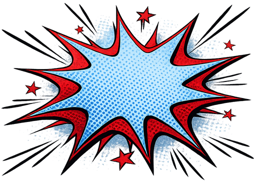 Comic-style blue explosion burst with red and black jagged edges and stars