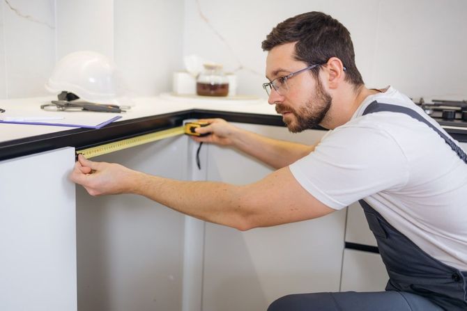 Measuring under a countertop with a tape measure in a white kitchen.