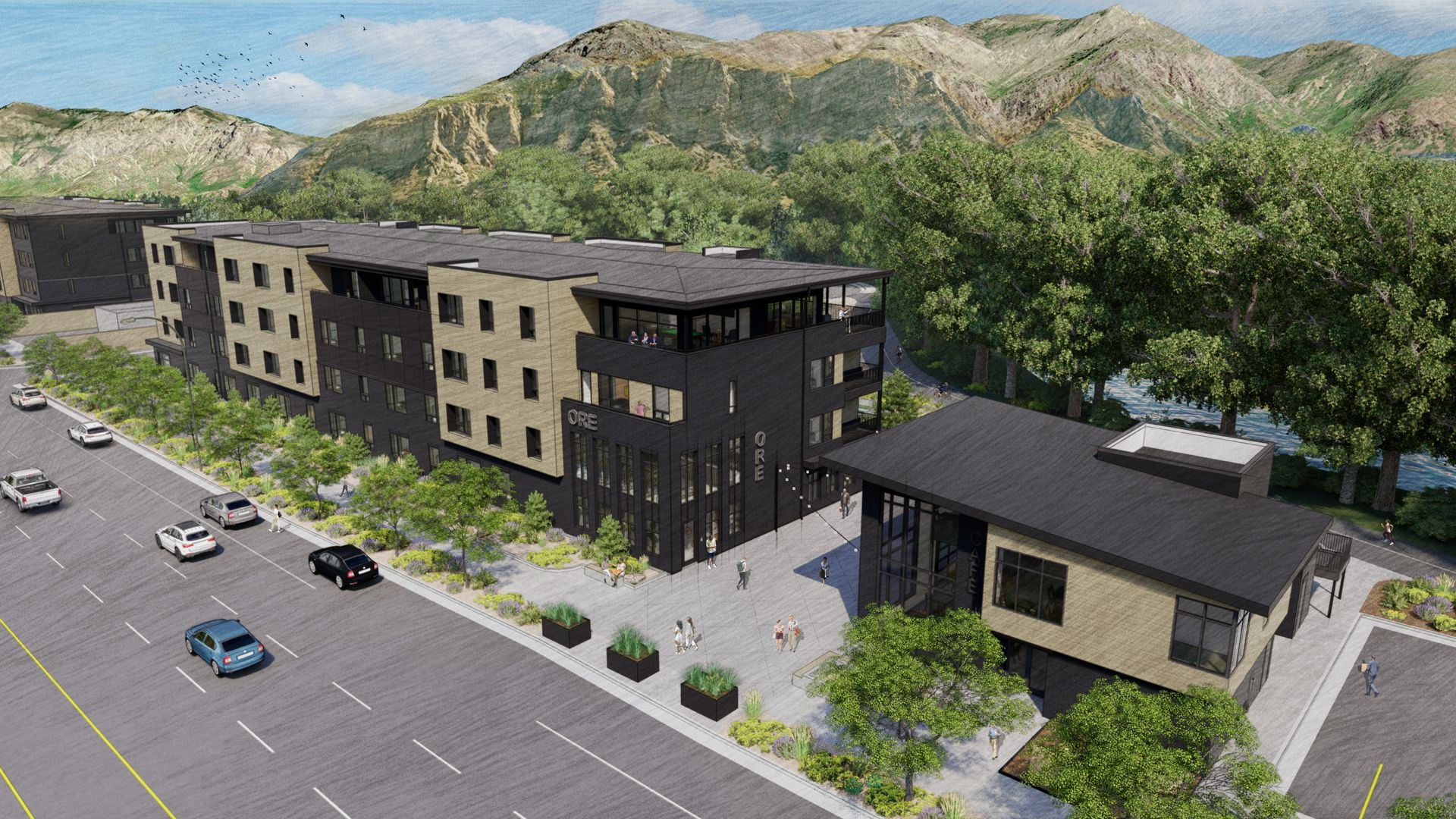 Rendering of modern apartment buildings with mountain backdrop. Buildings are dark gray/tan with trees and cars on a road in front.