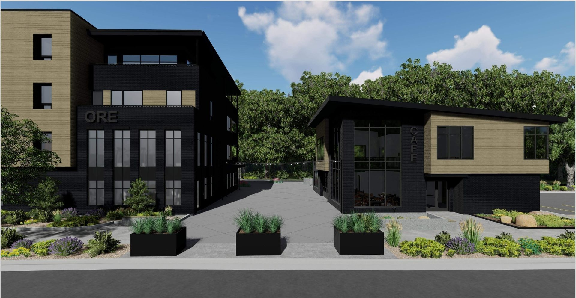 Modern buildings with black and wood siding, trees, and gray planters.