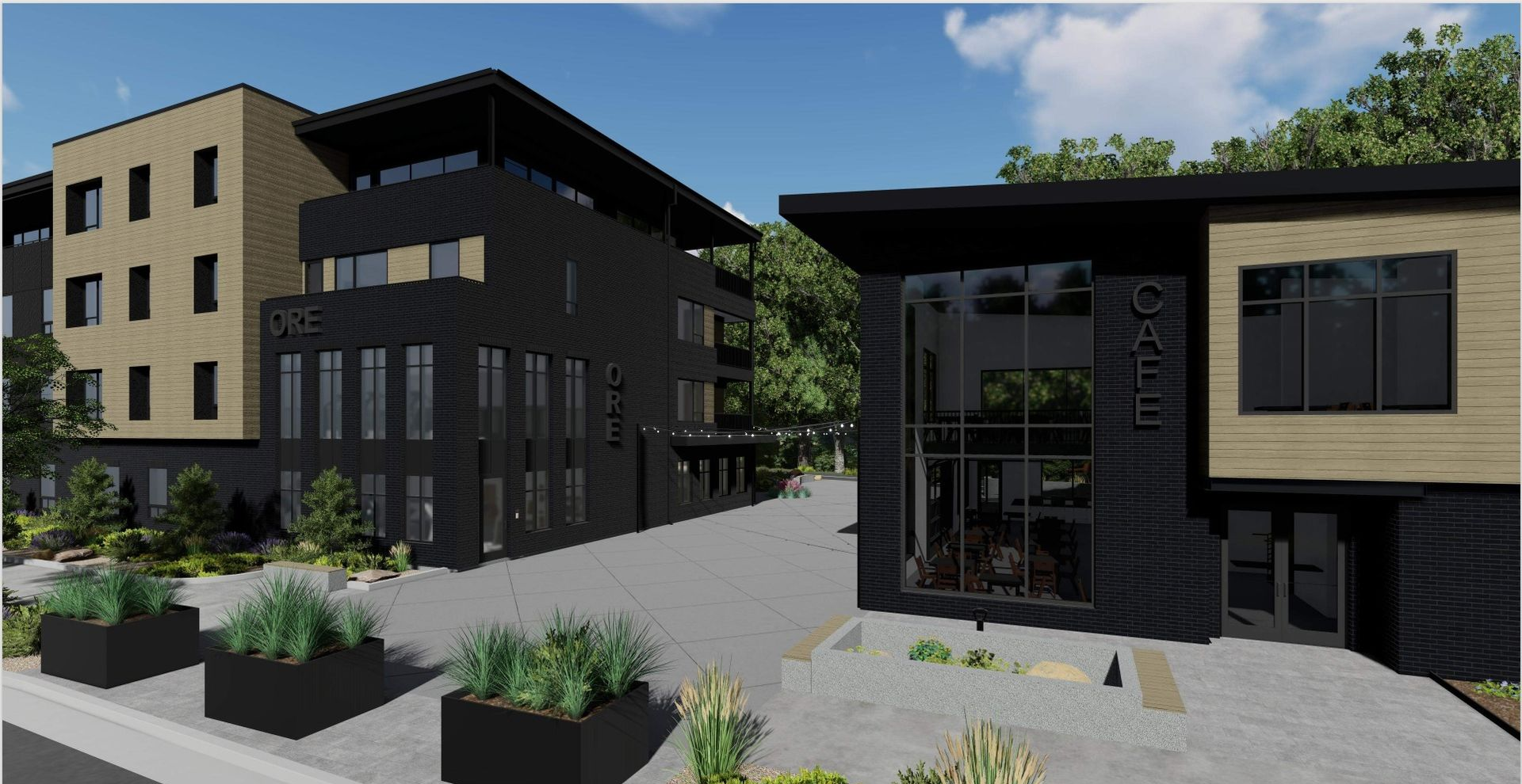 Modern buildings with black exteriors, some with wood accents. Landscaping includes planters with greenery.