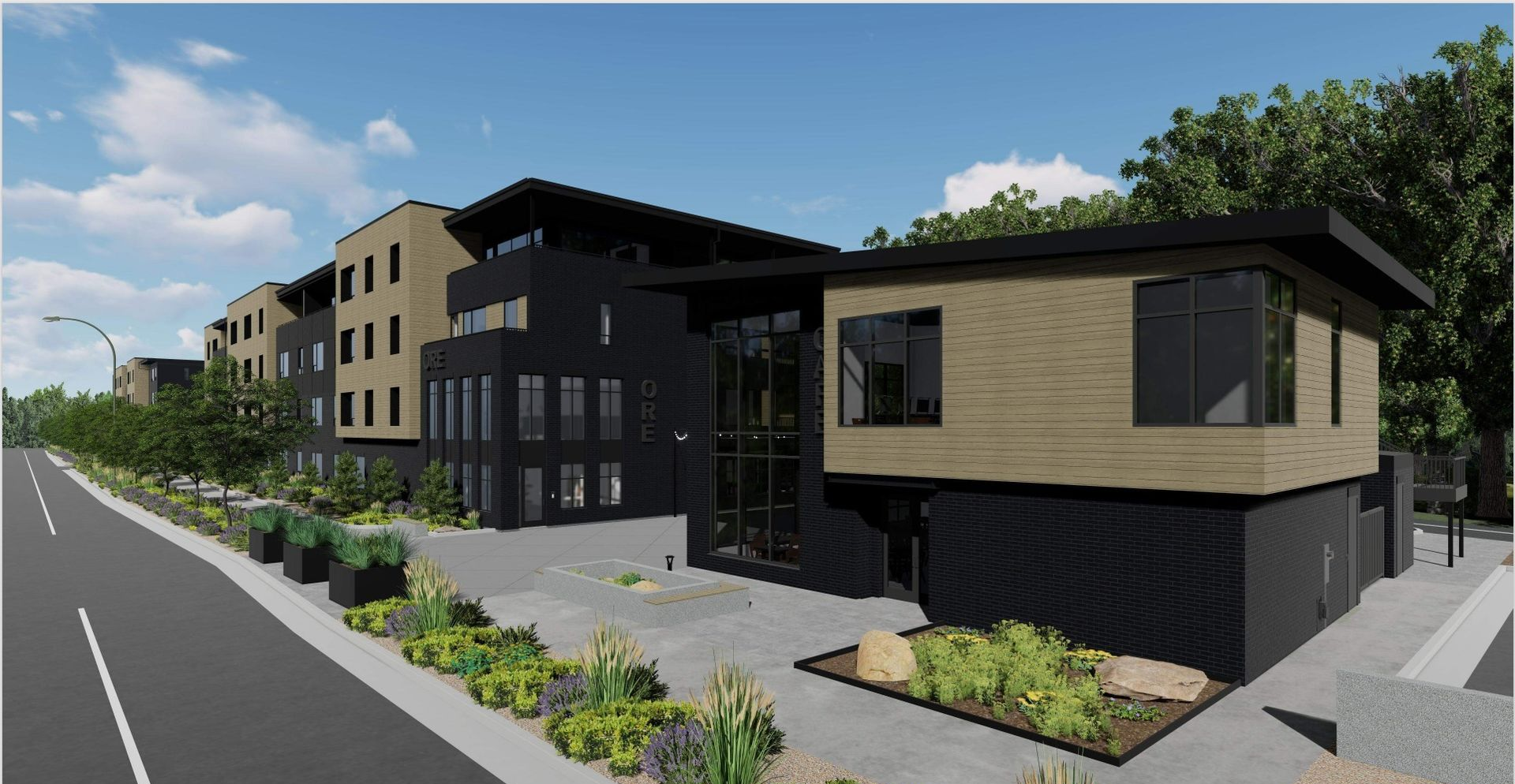 Modern multi-story building with black, wood, and concrete elements; sidewalk and street in front.