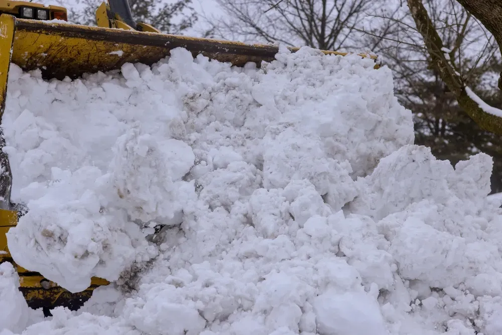 Snow piled high against a yellow railing and trees outdoors