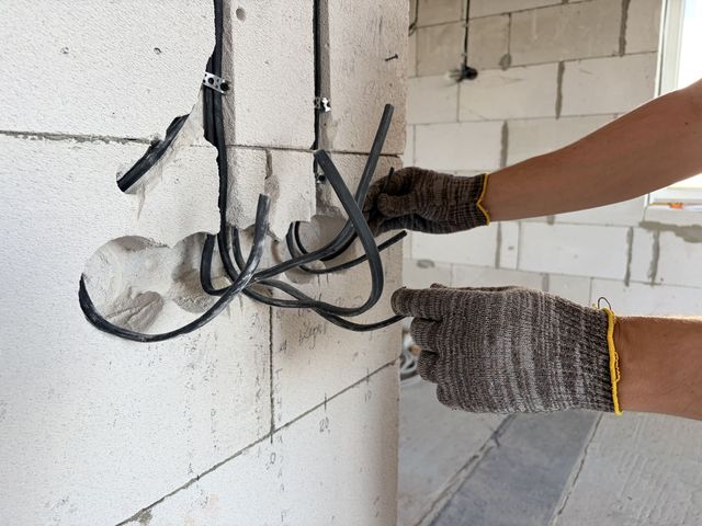 Behandschuhte Hände verlegen schwarze Kabel in eine Nische in einer weißen Betonsteinwand.