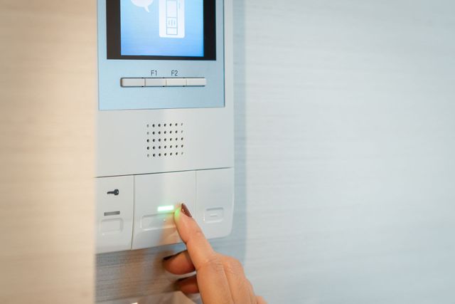 Hand drückt einen beleuchteten Knopf an einer Wandsprechanlage mit Bildschirm und Lautsprechergitter