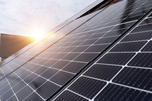 Sonnenlicht, das sich bei Sonnenaufgang auf Reihen von Solarmodulen auf dem Dach spiegelt