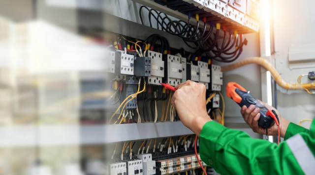 Techniker verdrahtet mit Werkzeugen einen elektrischen Schaltschrank in einer Fabrikumgebung