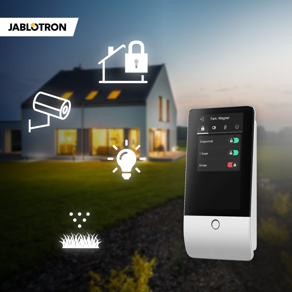 JABLOTRON Smart-Home-Sicherheitswerbung mit Haussymbolen, Kamera, Licht, Alarm und Bedienfeld