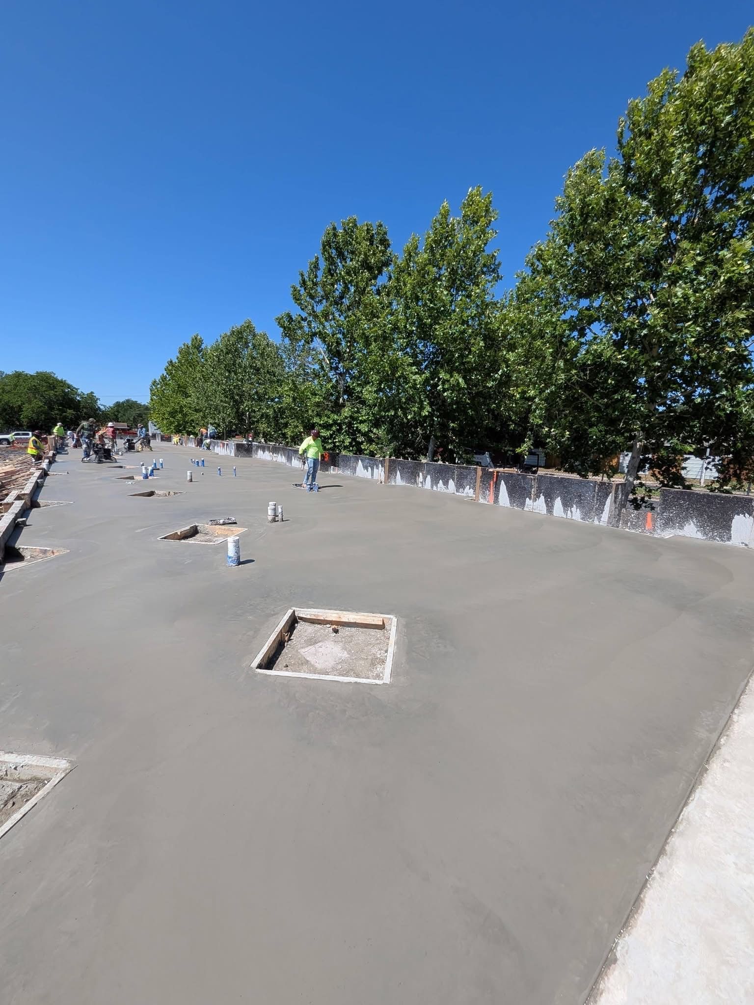 Wide concrete skatepark under a clear blue sky, with trees lining the edge and a few skaters in the distance.