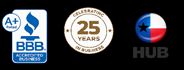 BBB accredited, 25 years badge, and HUB logo on a black background