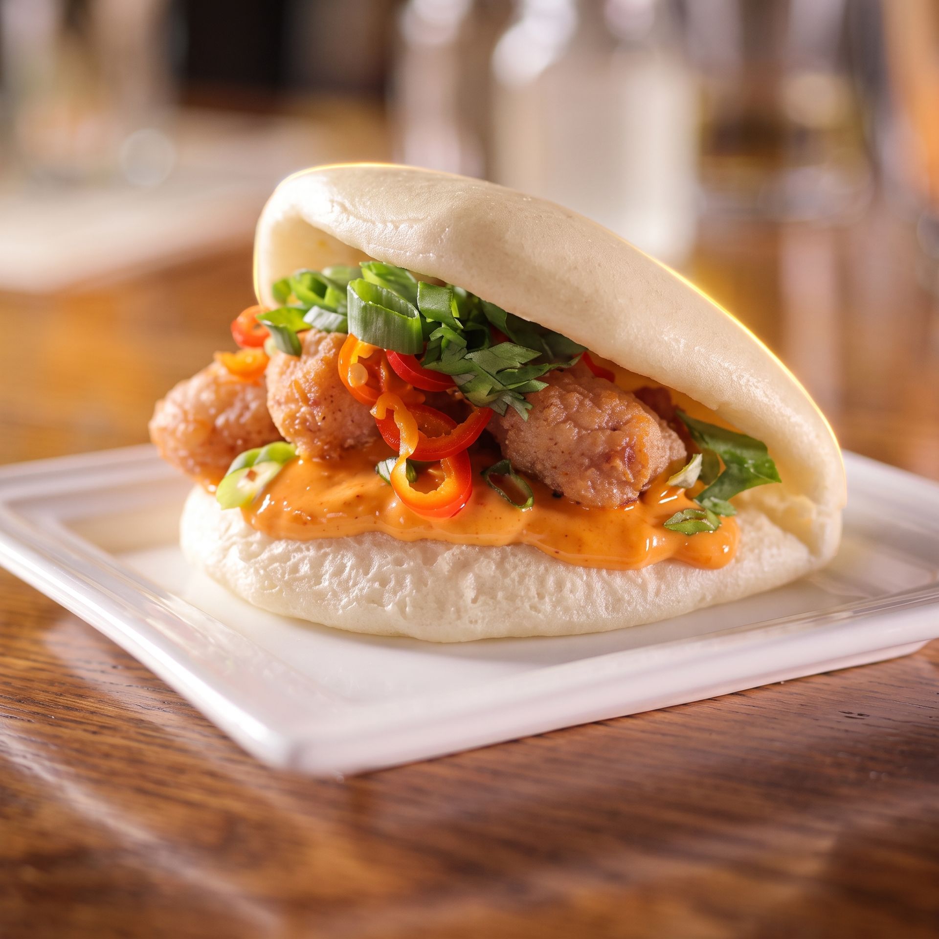 Steamed bun sandwich with fried chicken, greens, and sauce on a white plate