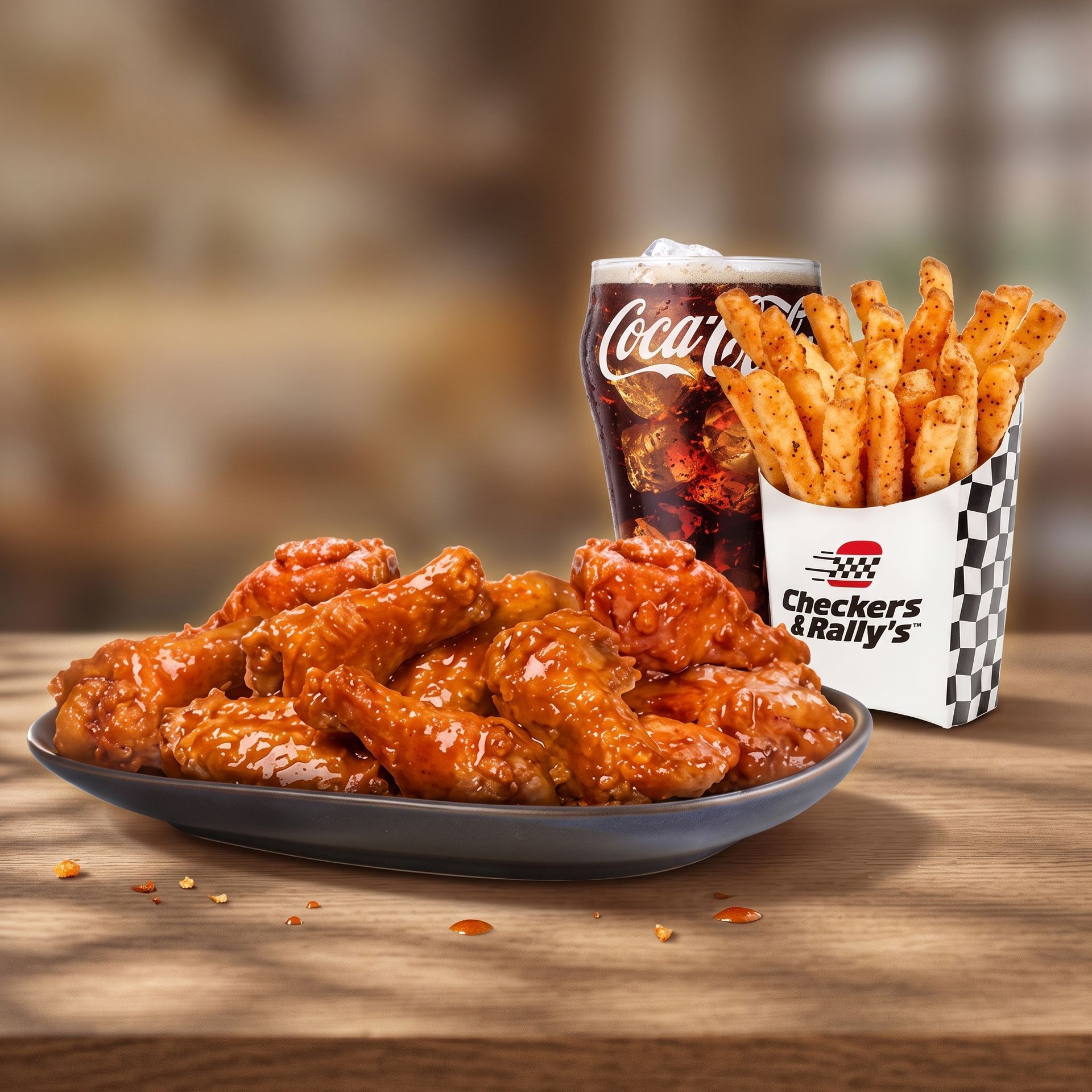 Chicken wings, seasoned fries, and a Coca-Cola on a table in a casual restaurant setting.