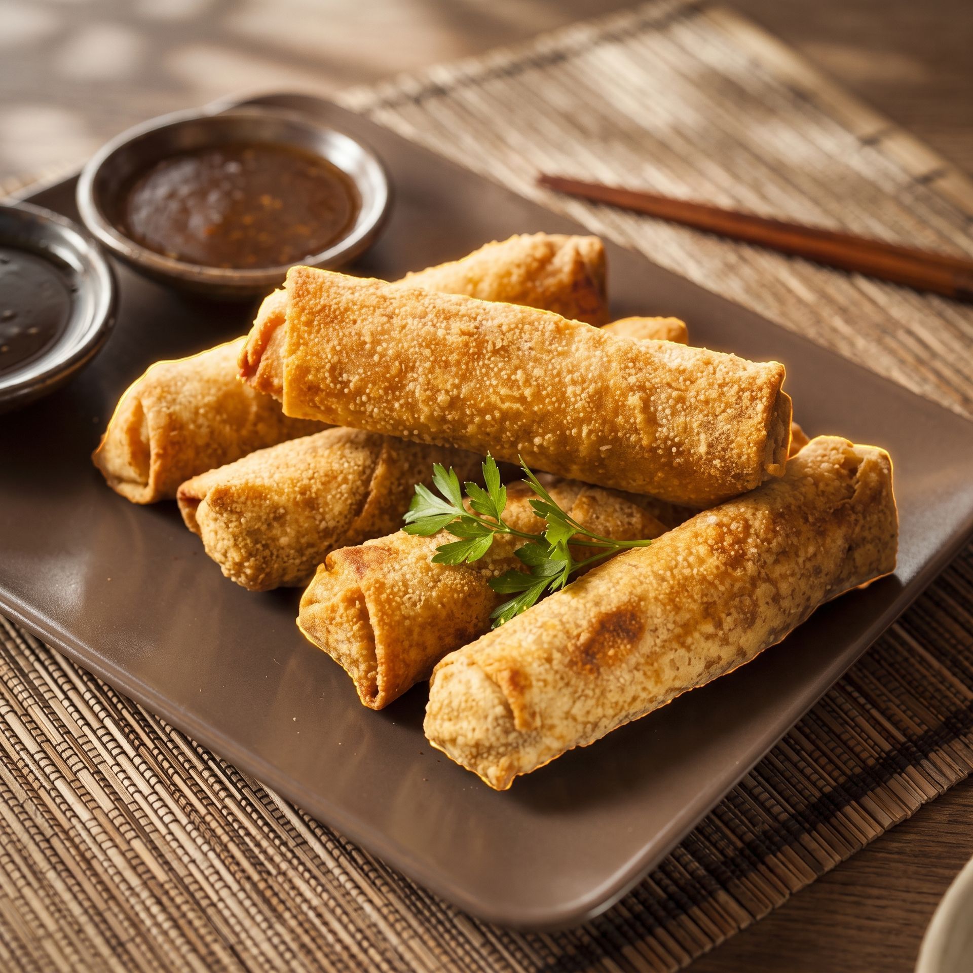Golden fried spring rolls on a plate with dipping sauces and garnish