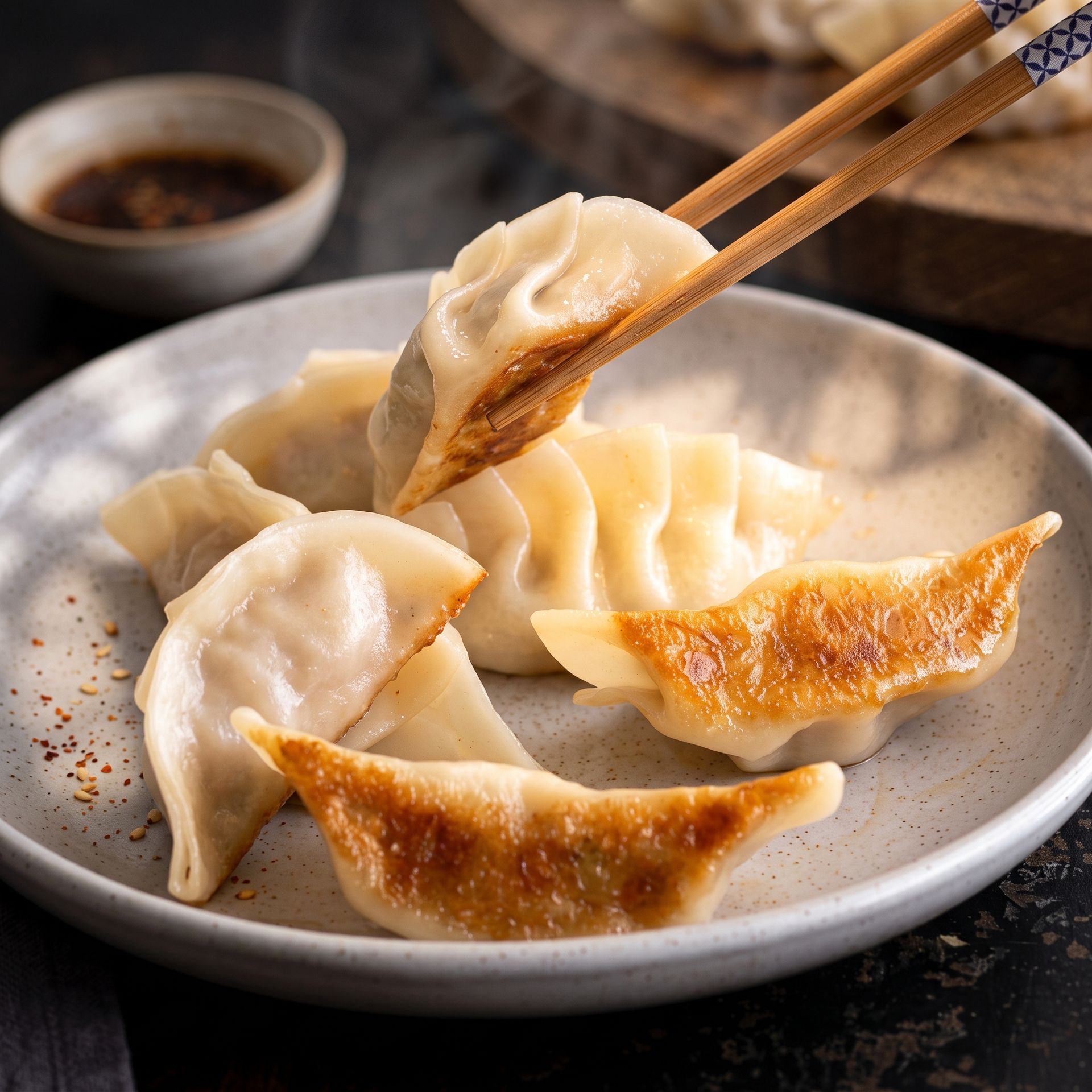 Pan-fried dumplings on a white plate, being picked up with chopsticks, with dipping sauce nearby