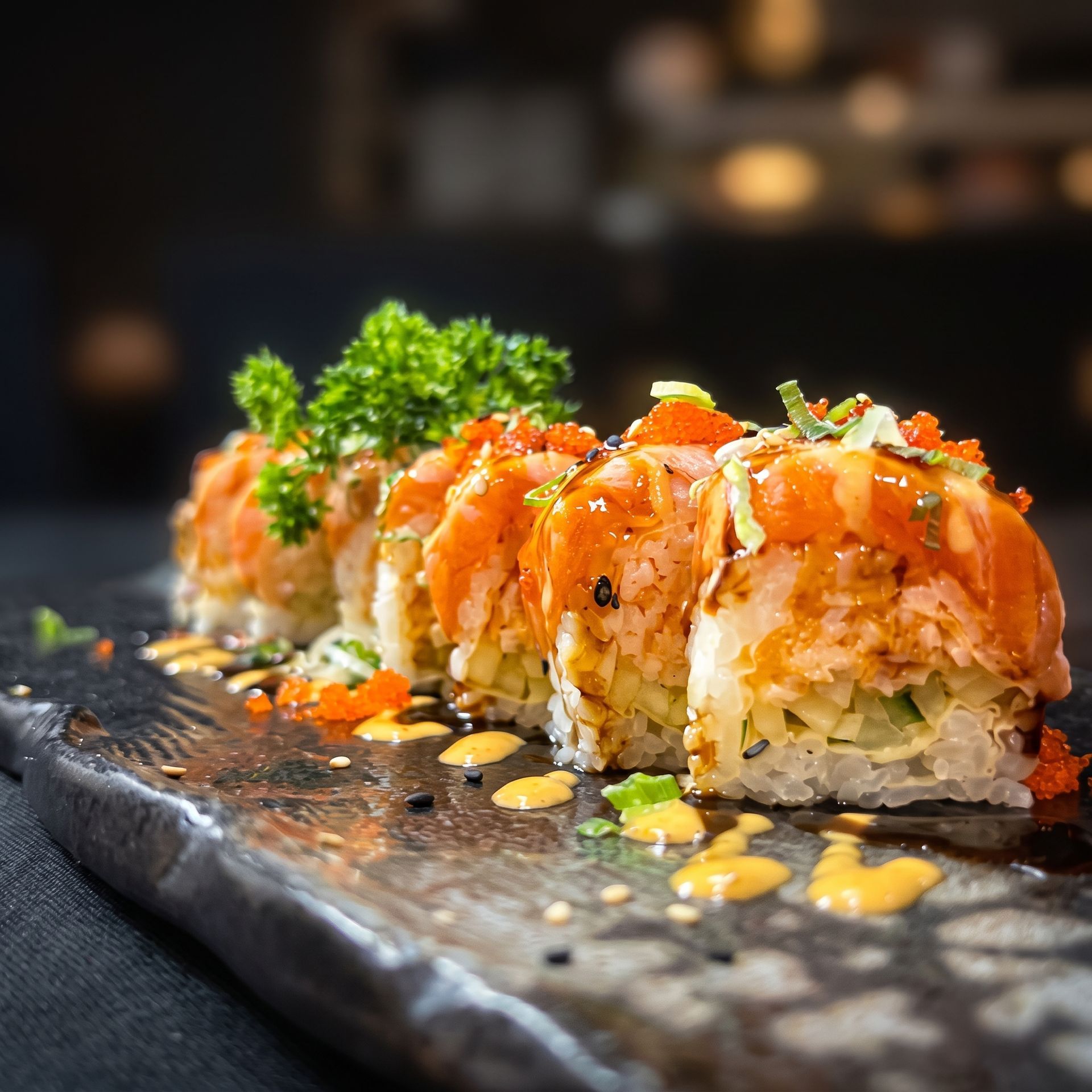 Sushi rolls topped with orange sauce and herbs on a dark slate plate
