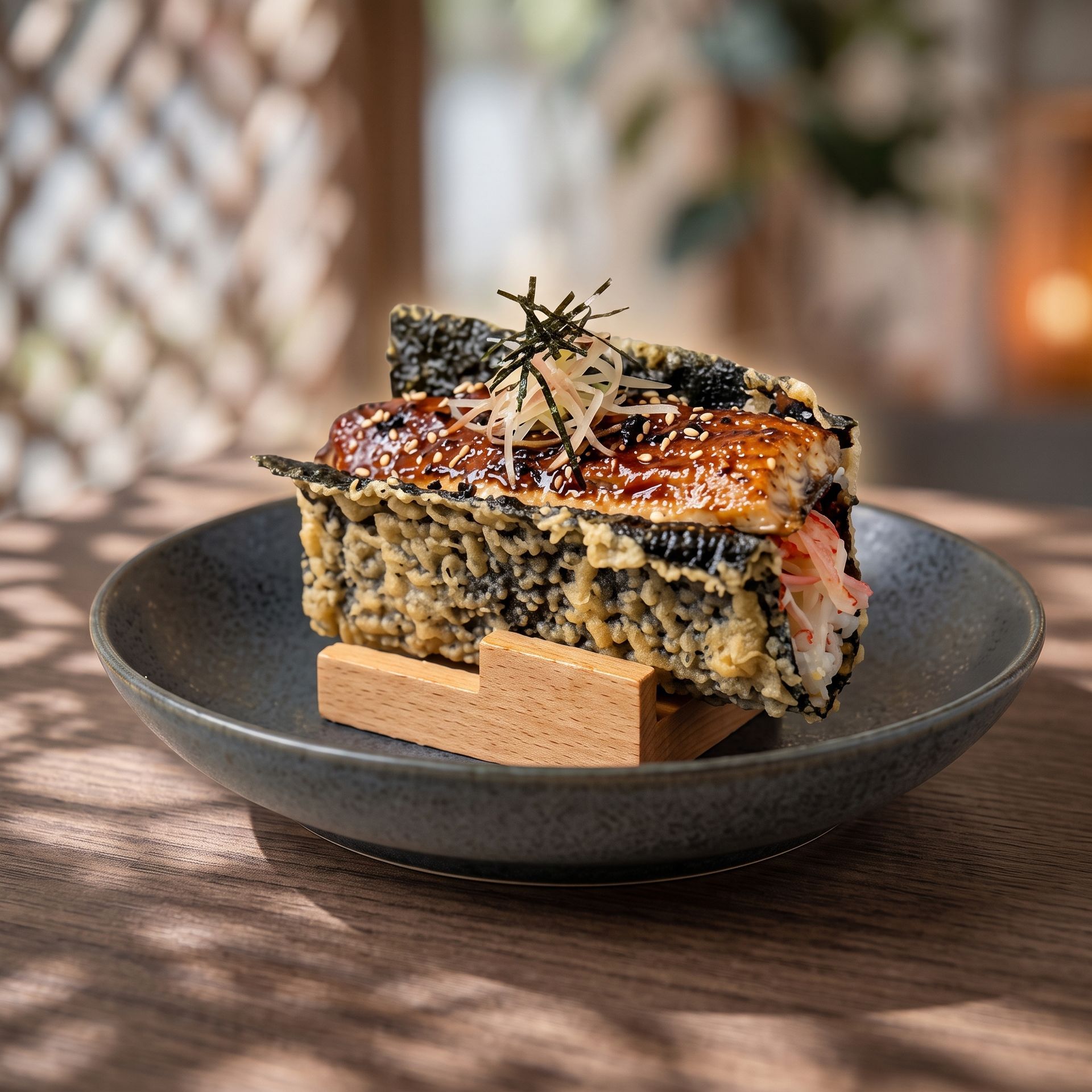 Sliced sesame-crusted salmon on a black plate atop a wooden stand, in warm light