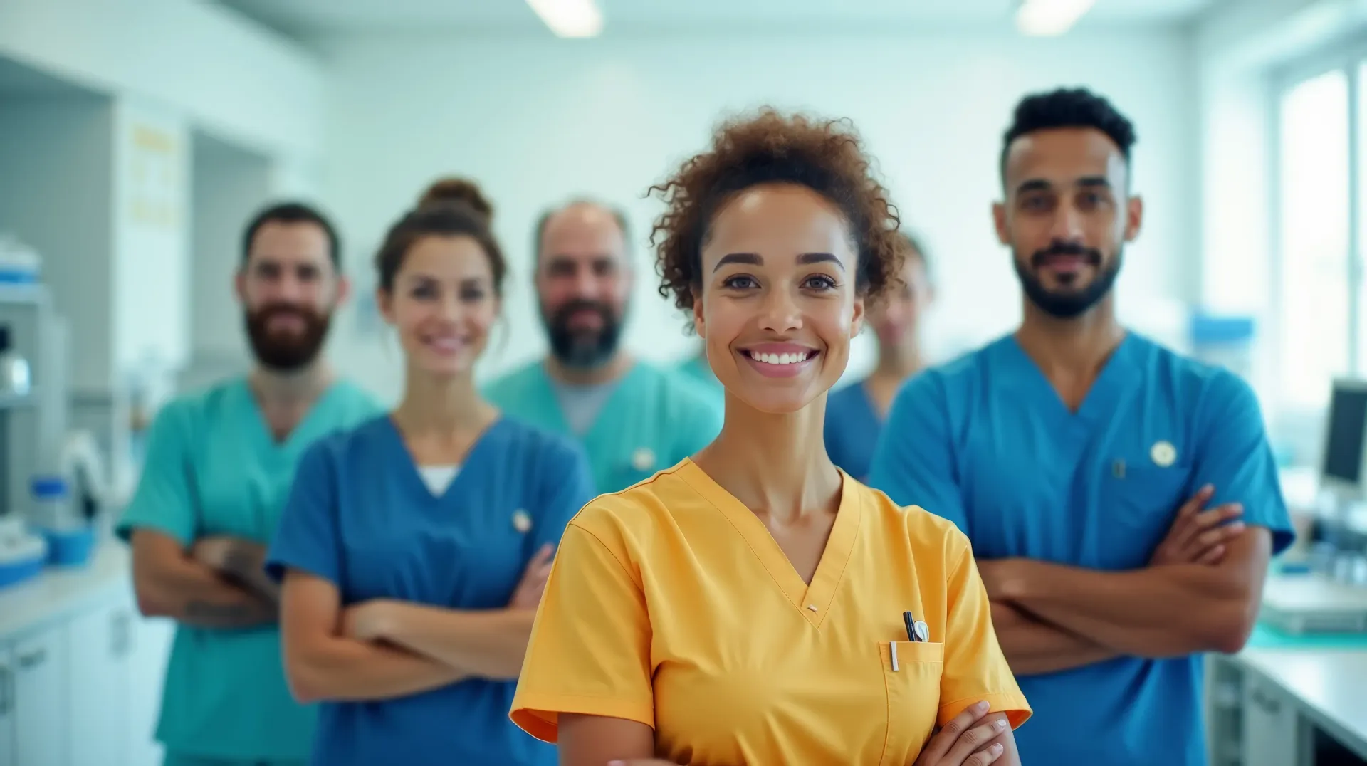 Medical team in scrubs, smiling, arms crossed, posing in a bright medical office.