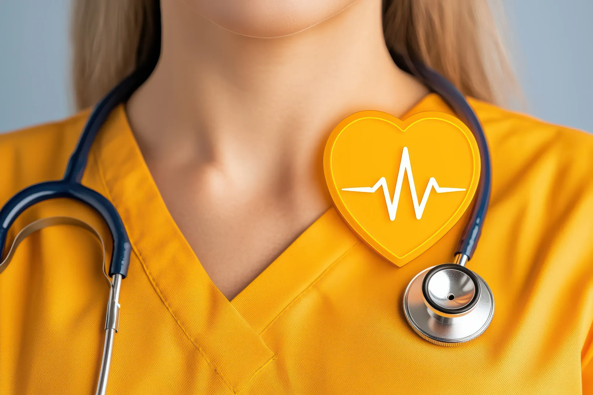 Nurse wearing yellow scrubs with stethoscope and a heart-shaped graphic of an EKG.
