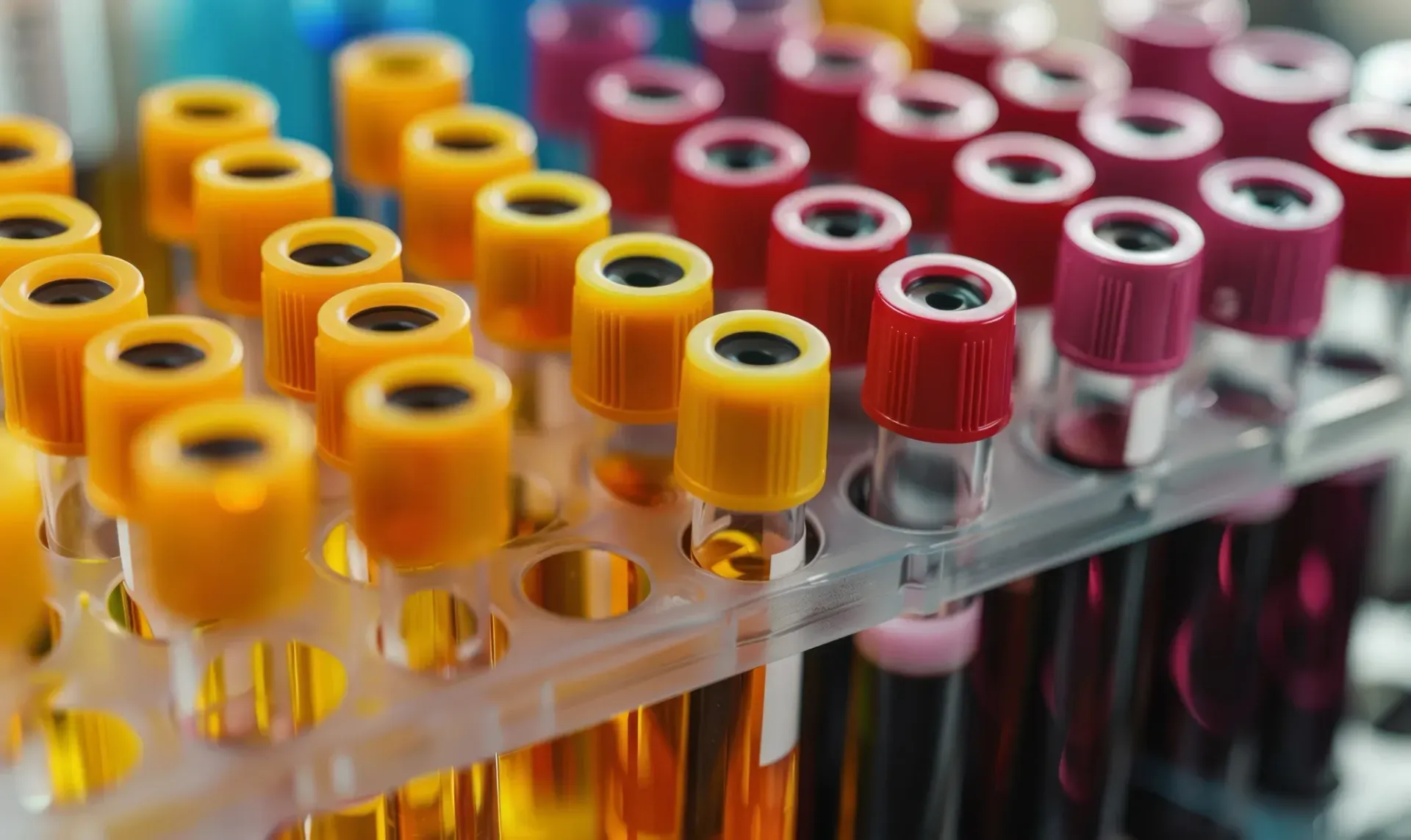 Blood sample tubes in a rack, various colors: yellow, red, and purple.