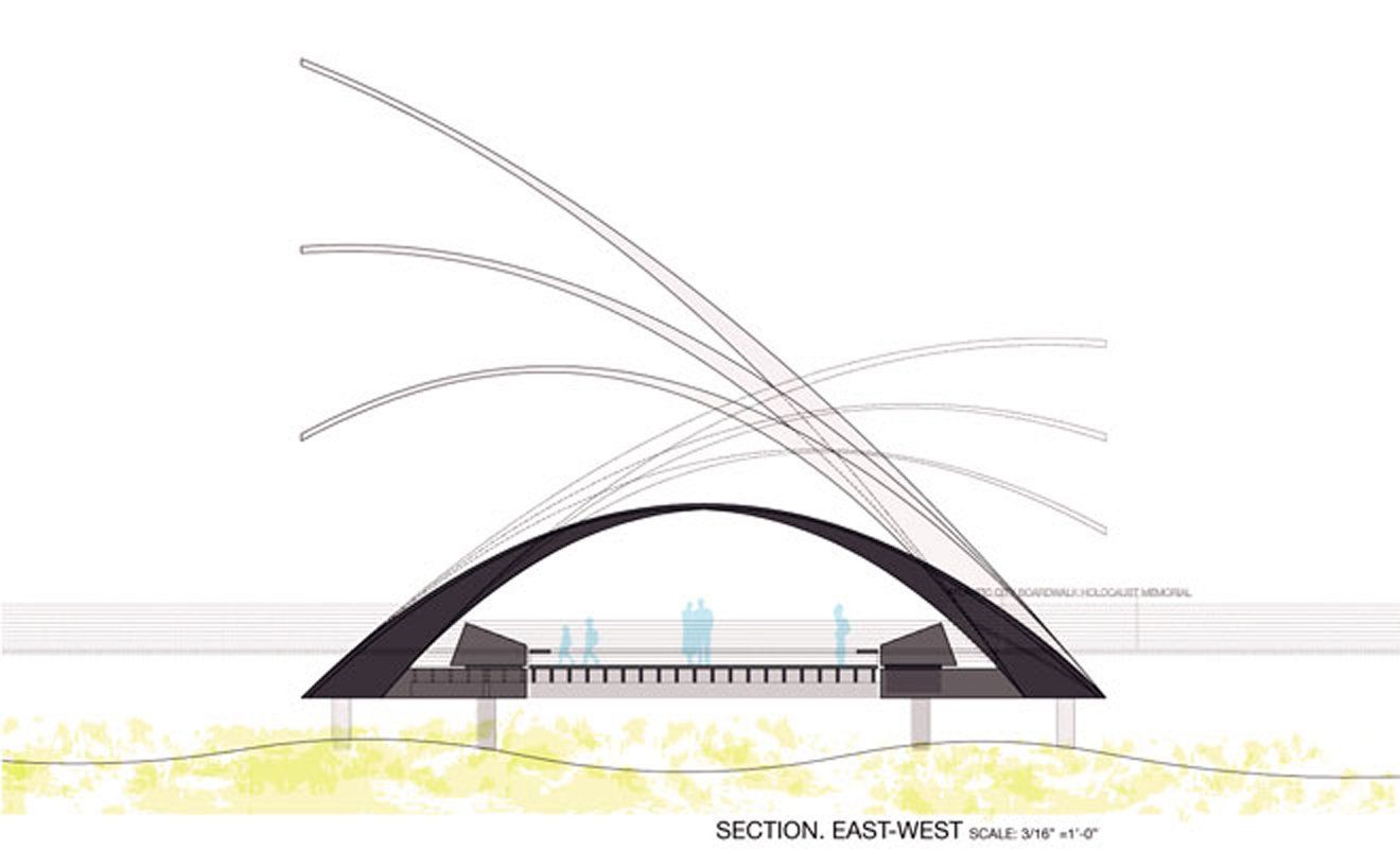 A drawing of a bridge with a fountain in the background.