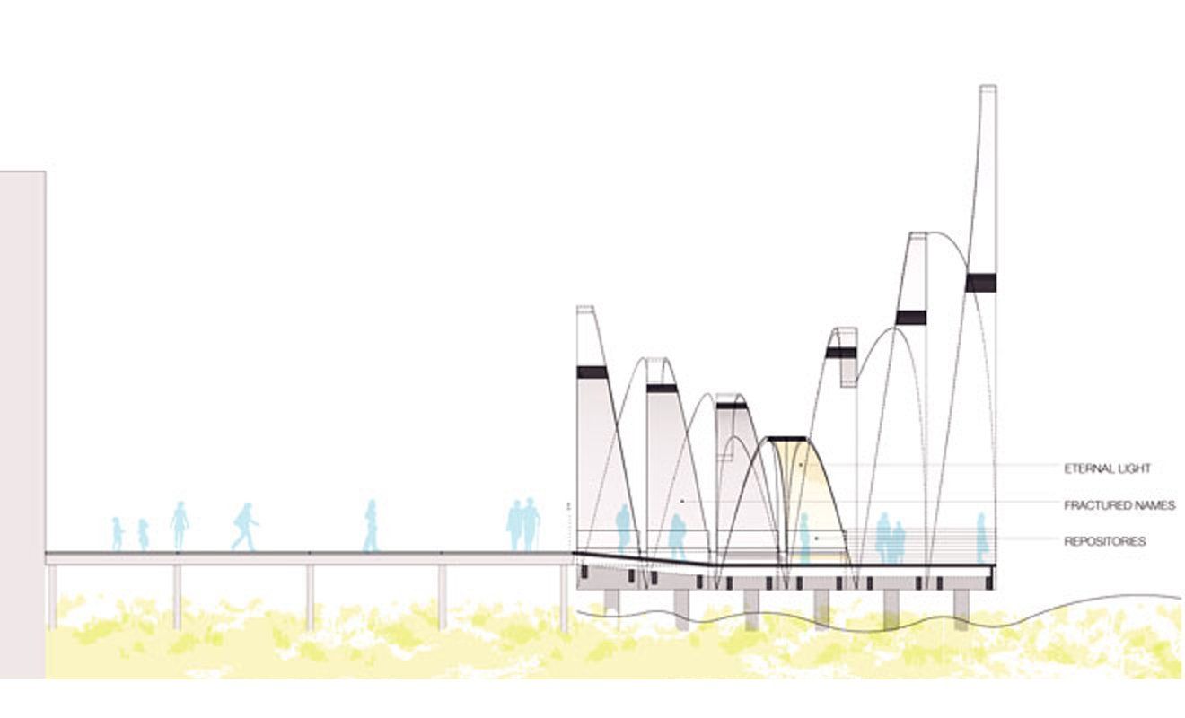 A drawing of a bridge with a lot of people walking on it.