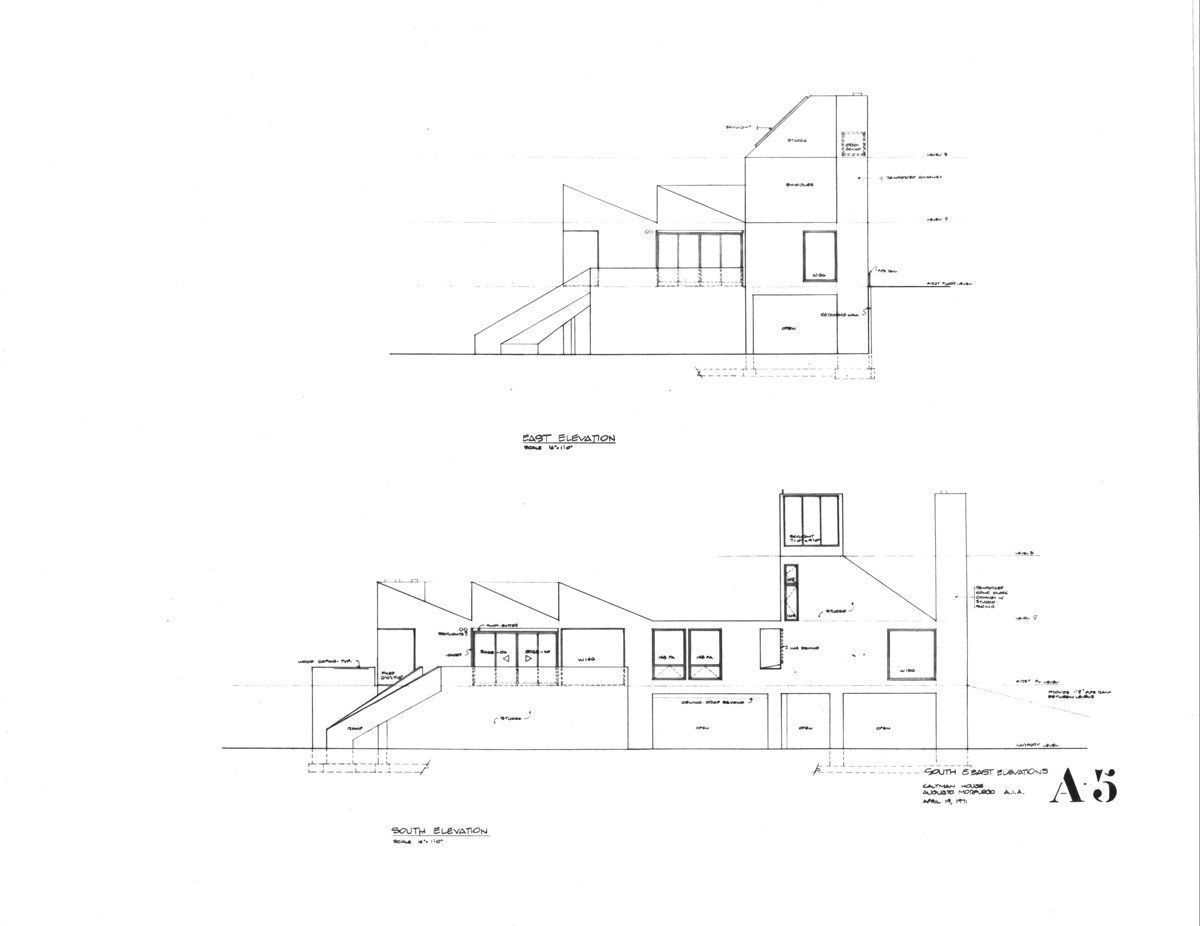 A black and white drawing of a house on a white background.