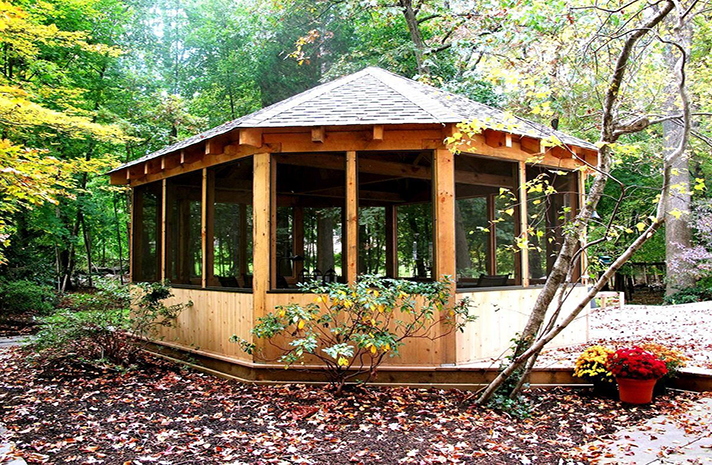 A screened in gazebo in the middle of a forest