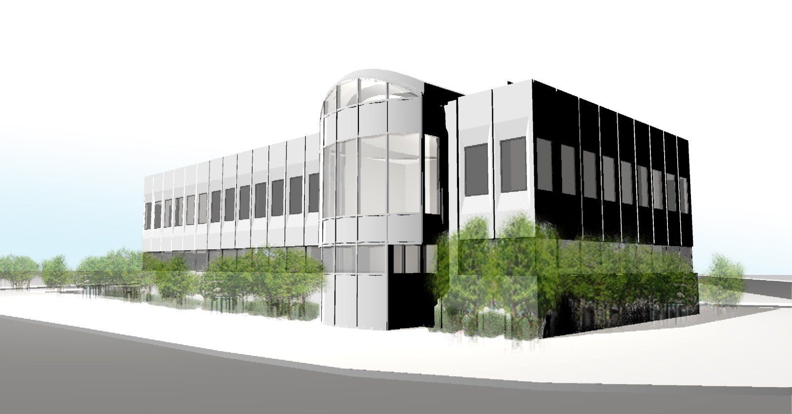 A black and white drawing of a large building with trees in front of it.