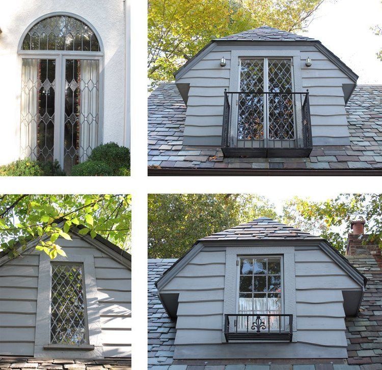 A collage of four pictures of a house with a balcony