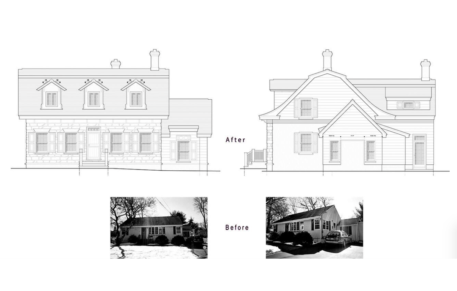 A black and white drawing of a house before and after being remodeled.