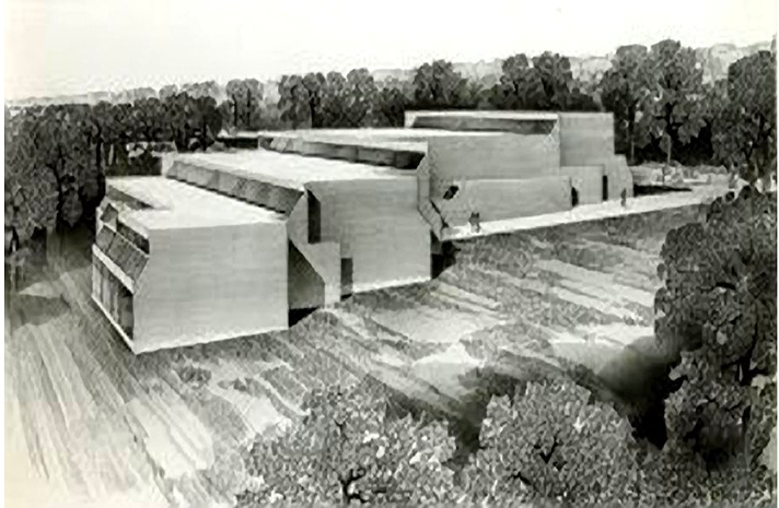A black and white photo of a large building surrounded by trees