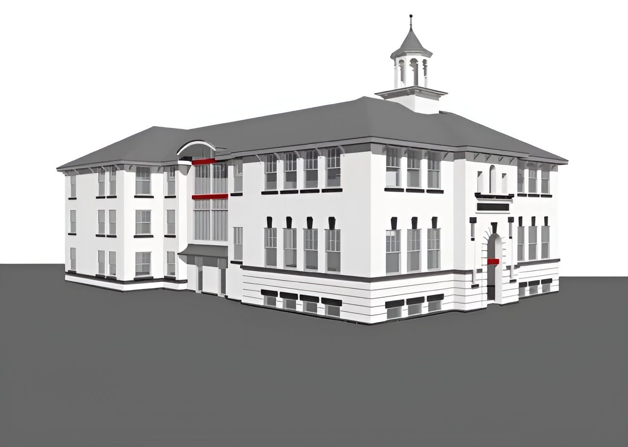 A black and white drawing of a school building with a clock tower.