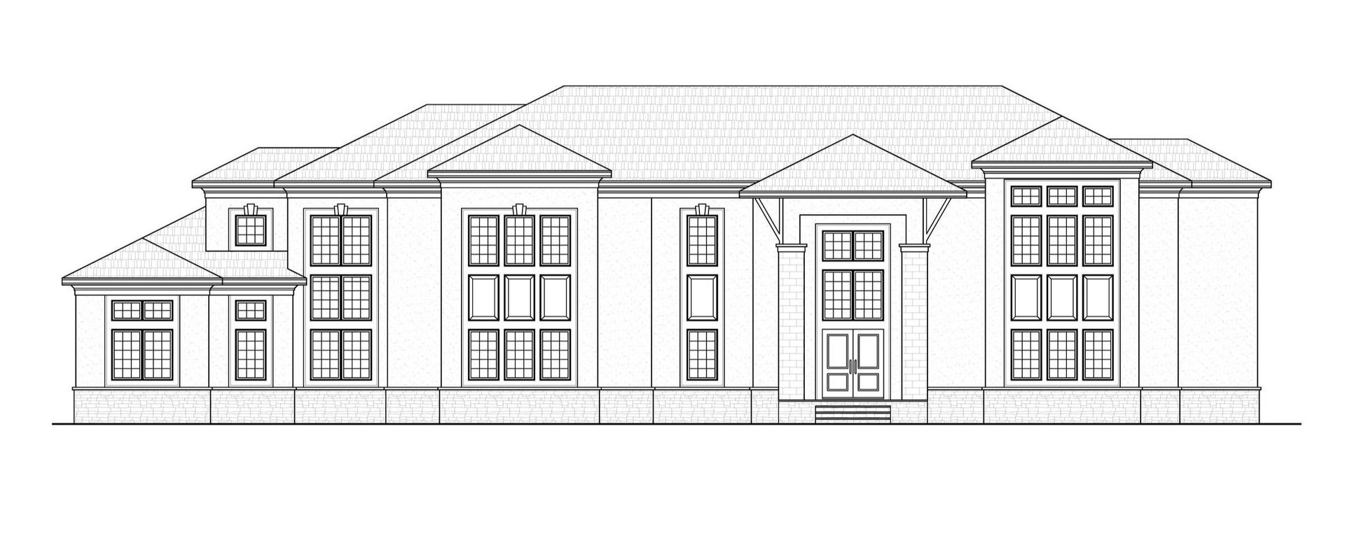 A black and white drawing of a house with a lot of windows and doors.