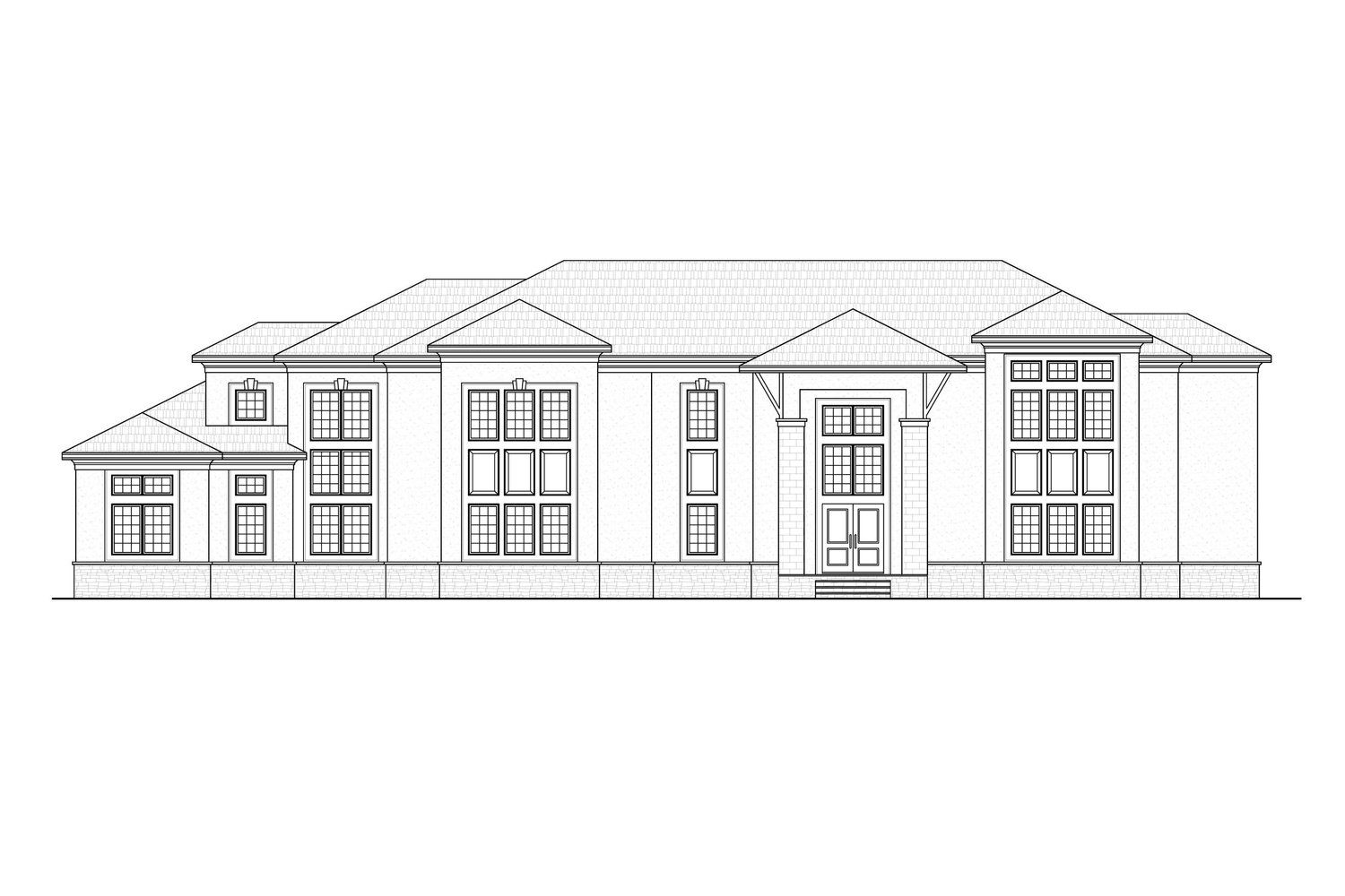 A black and white drawing of a house on a white background.