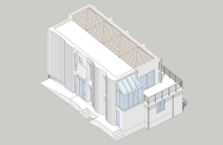 An isometric view of a white building with a roof.