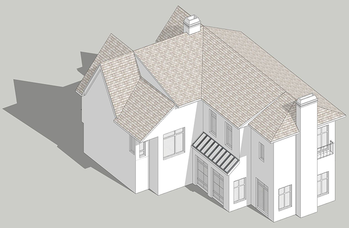 An isometric view of a white house with a brown roof.
