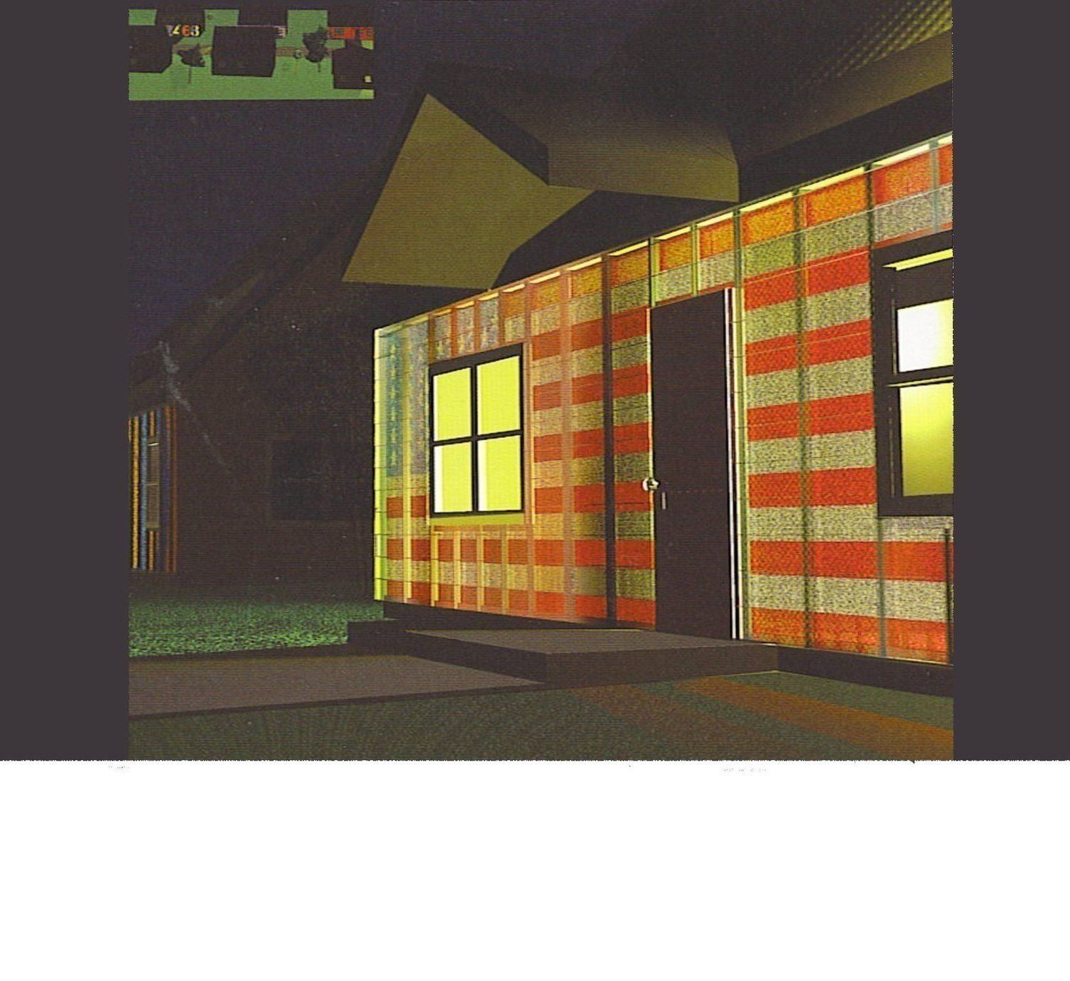 A computer generated image of a house at night