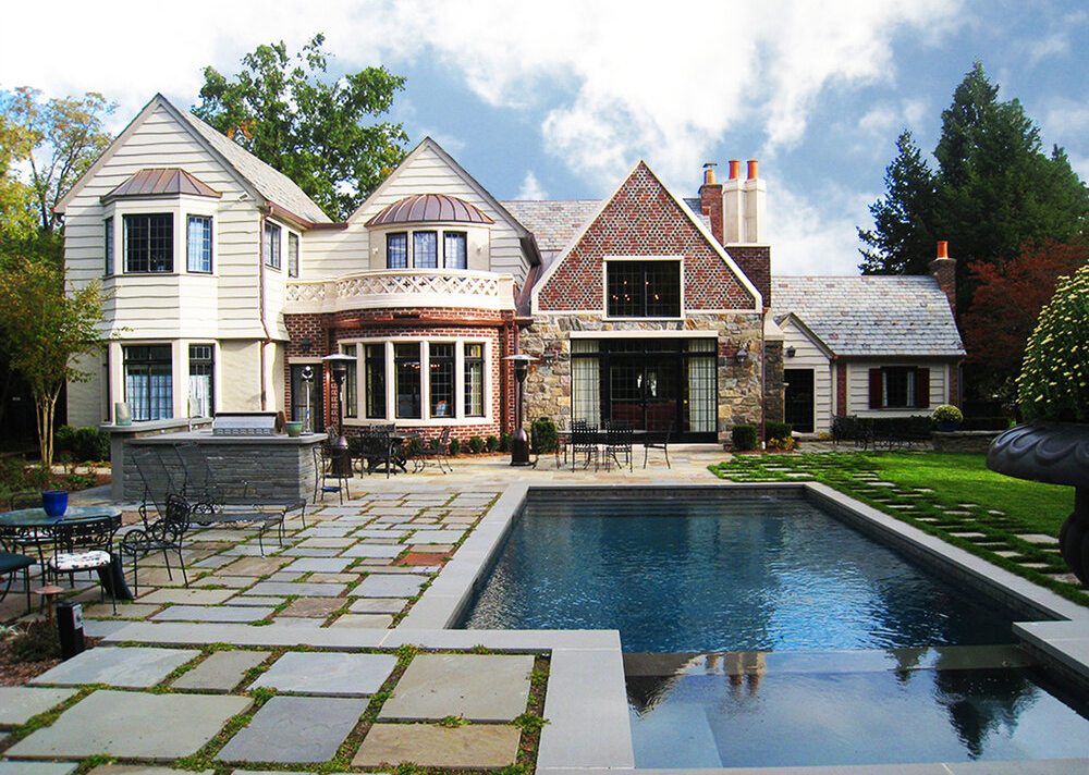 A large house with a large swimming pool in front of it